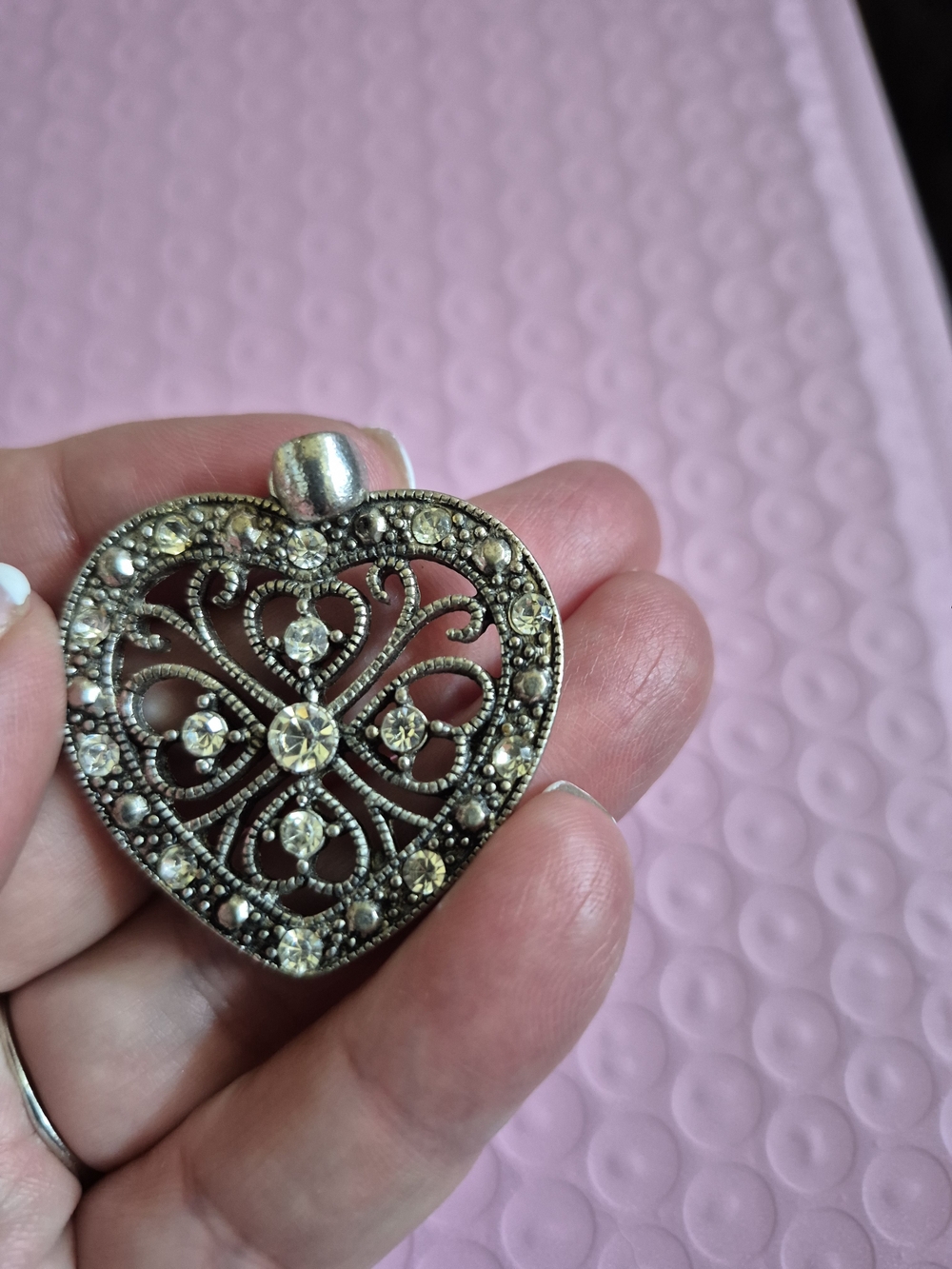 Vintage-Inspired Heart Pendant Necklace Fob in Silver with Clear Stones